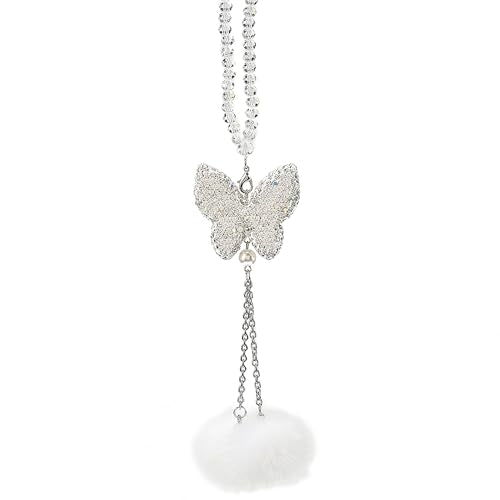 Crystal Rhinestones Butterfly Car Hanging Ornament Shimmering Rearview Mirror Pendant with Fur Ball Car Charm Auto Interior Decoration Accessories, White - color: Rhinestones Butterfly - White