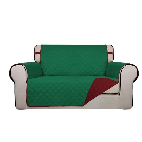 PureFit Reversible Quilted Sofa Cover, Water Resistant Slipcover Furniture Protector, Washable Couch Cover with Non Slip and Elastic Straps for Kids, Dogs, Pets (Loveseat, Green/Red) - color: Green/Red, size: Medium