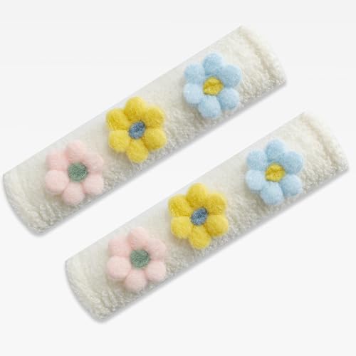 2-Pack Soft Seat Belt Covers Universal Car Shoulder Pad Cushions for Comfortable Driving & Bag Strap Protection White Fuzzy Flower (Light Blue, Yellow & Pink) - color: Light Blue Yellow Pink Flower