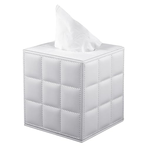 Tissue Box Cover Square Tissue Box Holder PU Leather Facial Organizer with Magnetic Bottom,Decorative Napkin Caddy for Vanity Dresser Night Stand Table Countertop Home Office Car,White - color: Square Tissue Box-white Grid