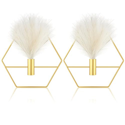2 Pcs Boho Wall Decor Metal Gold Wall Art Hanging Planters with Artificial Pampas Modern Home Decor Display Art for Living Room Bedroom Bathroom(Hexagon) - style: Hexagon