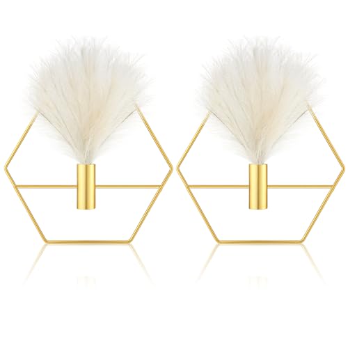 2 Pcs Boho Wall Decor Metal Gold Wall Art Hanging Planters with Artificial Pampas Modern Home Decor Display Art for Living Room Bedroom Bathroom(Hexagon) - style: Hexagon