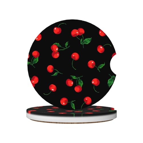 Cherry Watercolor Pattern Car Cup Holder Coasters 2 Pack Universal 2.63 Inch Anti Slip Ceramic Absorbent Coaster with Cork Base and Finger Notch Cute Car Accessories Interior for Women - color: Red
