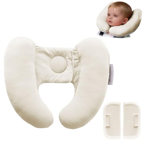 Baby Neck Pillow for Car Seat and Stroller, Adjustable Baby Head Support Pillow for Travel, Soft and Cushiony Torticollis Pillows for Infant and Newborn (Beige) - color: Beige