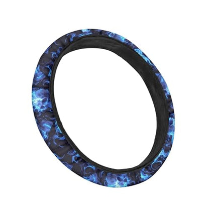 AFPANQZ Skull Blue Flame Automotive Steering Wheel Covers Universal Fit 14 to 15 inch Steering Wheel Covers with Cloth for Women Keep Warm Comfort Grip Sweat Absorption Neoprene - color: Skull Blue Flame