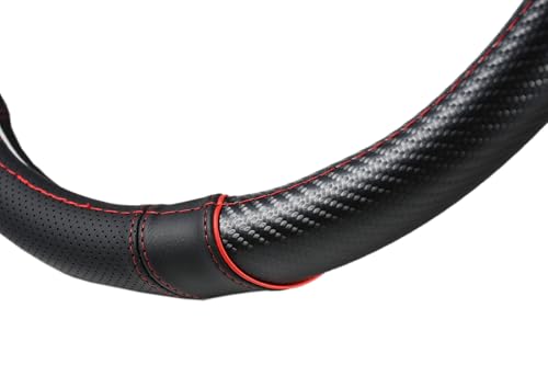 Carbon Fiber + Leather Steering Wheel Cover with Sporty Top Stripes, Non-Slip and Sweat Absorbent Universal fit 14 ½ to 15 inches SW for Most Car SUV Pickup - color: carbon pattern+black leather grip+stripes
