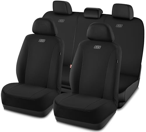 Skechers Seat Covers, Premium Breathable Polyester Car Seat Covers, Car Seat Covers Full Set Airbag Compatible, Automotive Comfort for Most Cars, Vans, Trucks, SUVs (Full Set,Black) - color: Black and Black, size: Full Set