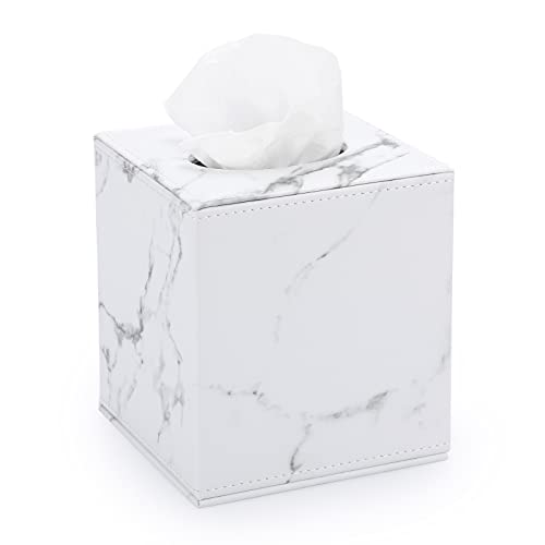 Sumnacon Square Leather Tissue Box Cover - Stylish Cube Tissue Box Holder with Magnetic Bottom, Decorative PU Tissue Box for Vanity Dresser Night Stand Table Countertop Home Office Car, Marble White - color: Marble White