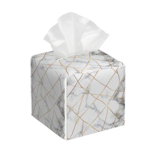 Tissue Box Cover PU Leather Square Tissues Holder Gold Line Marble Stone Texture Decorative Facial Paper Organizer Dispenser for Bedroom Bathroom Vanity,Home Office Car - color: Gold White