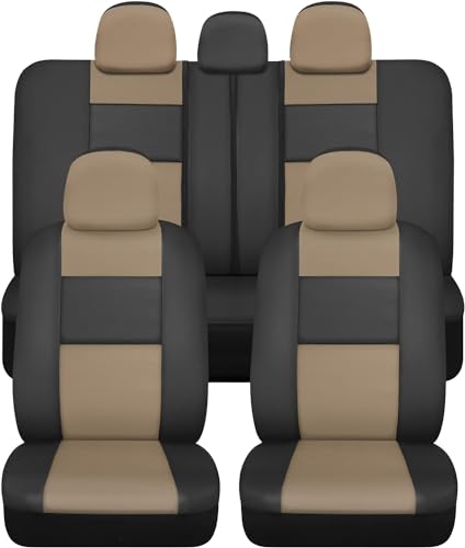 PU Leather Car Seat Covers w/Two-Tone Carpet/Vinyl Trim Car Floor Mats – Front and Back Split Bench Seat Covers, Steering Wheel Cover, Floor Mats(Black/Beige) - color: Beige