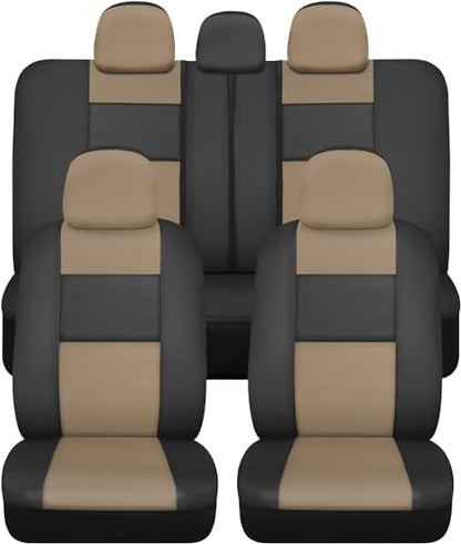 PU Leather Car Seat Covers w/Two-Tone Carpet/Vinyl Trim Car Floor Mats – Front and Back Split Bench Seat Covers, Steering Wheel Cover, Floor Mats(Black/Beige) - color: Beige