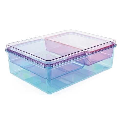 MOSSRIVER 3 Pack Clear Drawer Organizer Set, Plastic Desk Organizer Bin with Lid & Trays, Colorful Storage Box with Removable Trays for Cosmetics, Jewelry, Bedroom, Bathroom, Office, Combo 02 - color: Color 02
