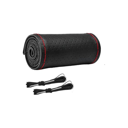 Genuine Leather Car Steering Wheel Cover, DIY Sewing Stitch on Wrap Auto Wheel Cover with Needle Thread, Breathable Anti-Slip Vehicle Steering Stitching Protector, Universal Fit (Black/Red) - color: Black/Red