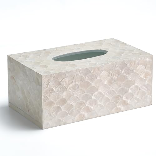 CHI AN HOME Rectangular Capiz Tissue Box Cover, Decorative Mother of Pearl Inlay Tissue Box Holder for Bedroom, Bathroom, Kitchen, and Office, Rectangle Tissue Box Cover White (10.25” x 5.9” x 4.33”) - size: Rectangular