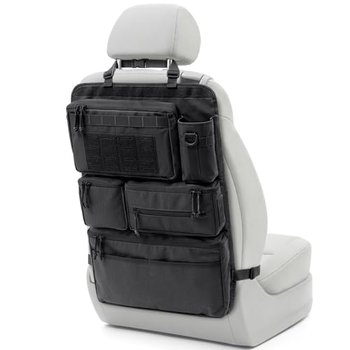All in One Car Seat Back Organizer, Heavy Duty Molle Panel Seat Back Protector with Multi-Pockets Storage for Tools, Camping, Travel, Fit Most Cars SUV Trucks Jeeps Pickups - color: Black