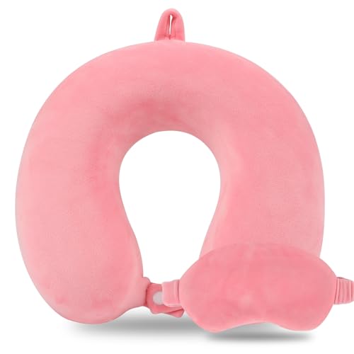 Pure Memory Foam Travel Pillow Set for Adults - Comfortable & Removable Machine Washable Cover, Neck Support Pillow Airplane Travel Kit with Eye Mask for Portable Plane Accessories - Peach Pink - color: Peach Pink