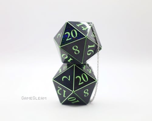 Pair of D20 Car Mirror Dice [2" Black and Green Holographic - "Alien Invasion"] - Handmade hanging car charm rear view mirror danglers - A magical and decorative gift for him or her - GameGleam