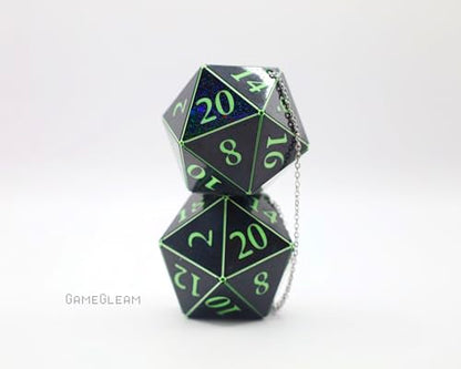 Pair of D20 Car Mirror Dice [2" Black and Green Holographic - "Alien Invasion"] - Handmade hanging car charm rear view mirror danglers - A magical and decorative gift for him or her - GameGleam
