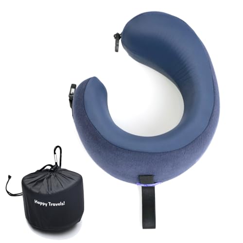 C CUSHION LAB Travel Pillow, Award-Winning Patented Ergonomic Design for Chin & Neck Support Memory Foam Neck Pillow, Compact Airplane Pillow for Traveling, Flight, Car (Navy, Medium) - color: Atlantic Blue, size: Medium