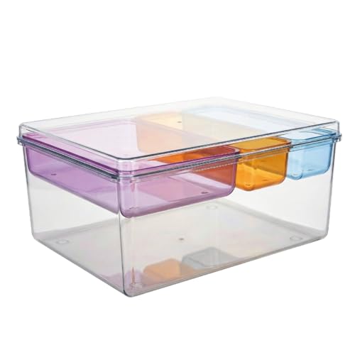 MOSSRIVER 4 Pack Clear Drawer Organizer Set, Plastic Desk Organizer Bin with Lid & Trays, Colorful Storage Box with Removable Trays for Cosmetics, Jewelry, Bedroom, Bathroom, Office, Combo 06 - color: Color 06