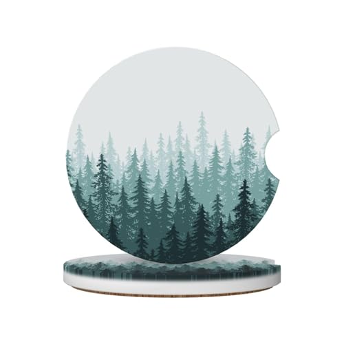 Green Forest Car Coasters for Cup Holders,2 Pack Car Cup Holder Coasters for Car,Ceramic Absorbent Car Coaster with A Finger Notch and Cork Base,Car Interior Accessories for Women Men - color: Green Forest