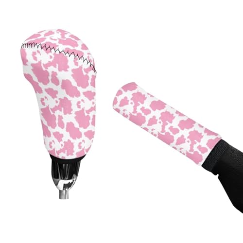 Pink Cow Print Car Gear Shift Knob Cover Set of 2, Non-Slip Handbrake Cover and Elastic Gear Shift Knob Cover Protector for Car SUV Protector - color: Pink Cow Print
