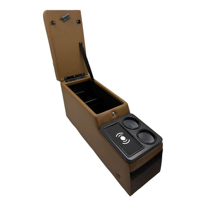 Truck Center Console Truck Seat/Bench Organizer with Wireless Charging and Holder Cups for Jeep CJ5 1976-1983,Jeep CJ7 1976-1986,Jeep Wrangler(YJ) 1987-1995 (Brown) - color: Brown