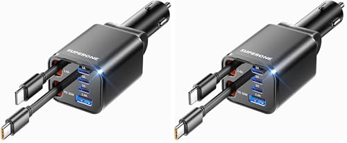 Retractable Car Charger, SUPERONE 99W Car Phone Charger with Cables Fast Charging, USB C Car Charger Adapter for iPhone 17 16 15 14 13 12, Samsung, Black (Pack of 2) - color: Black, size: Type C & Apple Cord (Pack of 2)