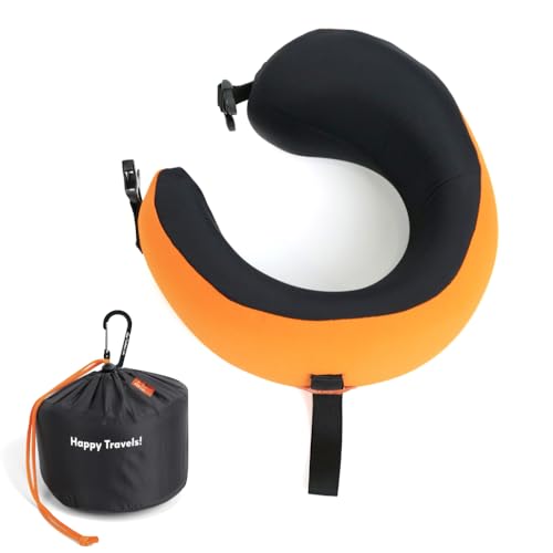 C CUSHION LAB Travel Pillow, Award-Winning Patented Ergonomic Design for Chin & Neck Support Memory Foam Neck Pillow, Compact Airplane Pillow for Traveling, Flight, Car (Dynamic Orange, Medium) - color: Dynamic Orange, size: Medium