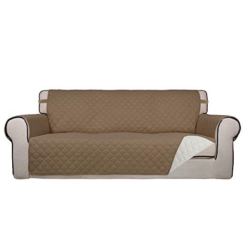 PureFit Reversible Quilted Sofa Cover, Water Resistant Slipcover Furniture Protector, Washable Couch Cover with Non Slip Foam and Elastic Straps for Kids, Dogs, Pets (X Large , Camel/Ivory) - color: Camel/Ivory, size: X-Large
