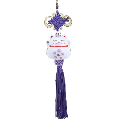 Cute Lucky Cat Charm Ceramic Japanese Maneki Neko Cat Hanging Pendant Lucky Cat Chinese Knot Decoration Charm Car Interior Home Decoration (Purple) - color: Purple