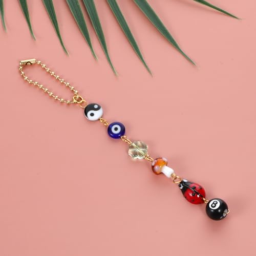 Ptwola Evil Eye Car Hanging Ornament Good Lucky Days Charm 8 Ball Mushroom Four-Leaf Ladybug Yin Yang Symbo Rear View Mirror Pendant Cute Boho Car Accessories Decorations for Keychain Cellphone