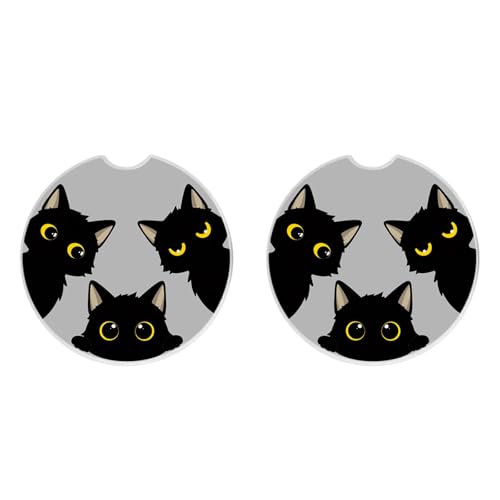 Cute Black Cats Ceramic Cup Holders Car Coasters Set for Women/Men,Drink Cup Car Holder Coasters with A Finger Notch 2.56" Pack of 2.