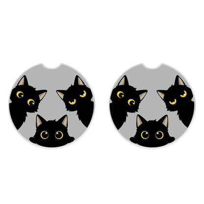 Cute Black Cats Ceramic Cup Holders Car Coasters Set for Women/Men,Drink Cup Car Holder Coasters with A Finger Notch 2.56" Pack of 2. - color: 3 Black Cats