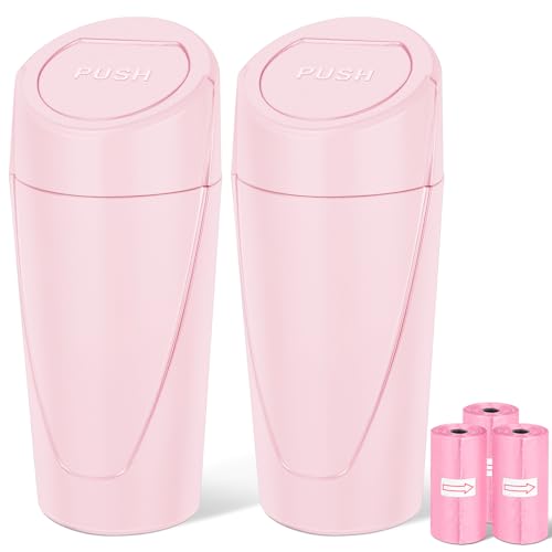 Car Trash Can, 2 Packs Mini Car Trash Bin with Lid, Leakproof Cup Holder Car Garbage Can with 60 Trash Bags, Vehicle Front Back Seat Organizers and Storage for Car, Home, Office, Pink - color: Pink