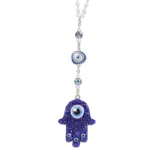Hamsa Hand Evil Eye Car Charm - Blue Crystal Evileye Beaded Chain Rear Mirror Hanging Ornament, Spiritual Protection Ward & Lucky Car Interior Decoration for Women Men - color: Blue