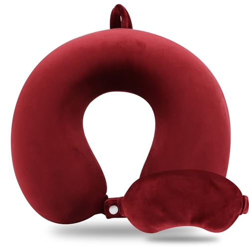 Pure Memory Foam Travel Pillow Set for Adults - Comfortable & Removable Machine Washable Cover, Neck Support Pillow Airplane Travel Kit with Eye Mask for Portable Plane Accessories -Wine Red - color: Wine Red