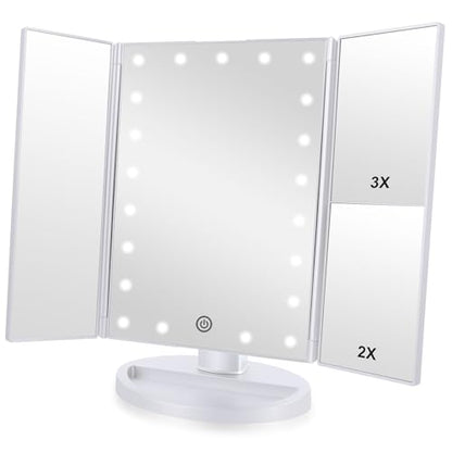 Tri-fold Lighted Vanity Makeup Mirror with 3x/2x Magnification,Light up Mirror for Makeup,Touch Screen 21 LEDs,180° Rotation Countertop Cosmetic Mirror,Gifts for Women Mom Teen Girls