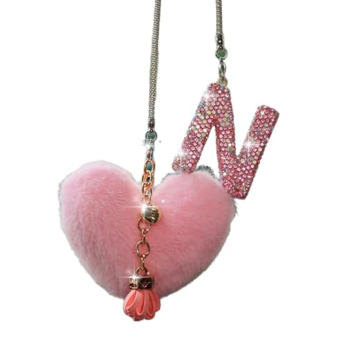 Bling Pink Car Accessories for Women Letter Charm, Rainbow Color Rear View Mirror Cute Crystal Pendant Car Decorations, Lucky Gifts Diamond Rhinestone Charm Interior (N, Tassel Heart) - color: Pink N