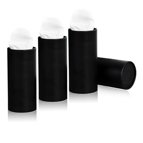 4 PCS Car Tissue Holder, Quick Convenient Refill Cylinder Facial Tissue Holder, Travel Tissues Box Round Container Suitable for Car Cup Holder, Universal Car Accessories (Black)