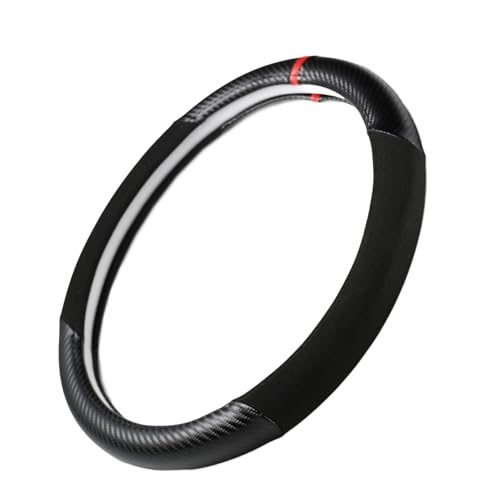 Carbon Fiber + Leather Steering Wheel Cover with Sporty Red Top Stripe, Non-Slip and Sweat Absorbent Universal fit All 14 ½ to 15 inches SW for Most Car SUV Pickup - color: carbon pattern+black leather+ red circle