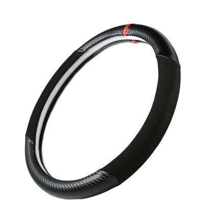 Carbon Fiber + Leather Steering Wheel Cover with Sporty Red Top Stripe, Non-Slip and Sweat Absorbent Universal fit All 14 ½ to 15 inches SW for Most Car SUV Pickup - color: carbon pattern+black leather+ red circle