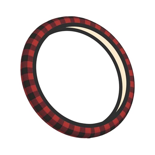 Red Buffalo Plaid Steering Wheel Cover for Men Women Auto Accessories Universal 15 Inch Anti-Slip Breathable Car Wheel Protector Covers - color: Rustic Red Black Buffalo Check Plaid Pattern