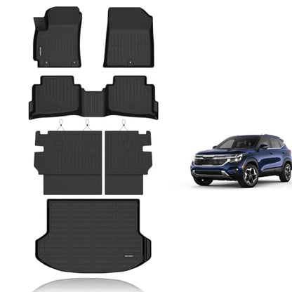 KELCSEECS® Floor Mats & Cargo Liner with Seatback Mats Custom for 2024 2025 2026 Kia Seltos(Cargo Mat Only Fit The Upper Layer)All Weather Protection TPE Floor Liners Full Set Seltos Accessories Black - style: 16) For 2024-2026 Seltos Full Set with Seatba
