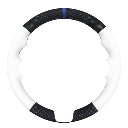 MEWANT Hand-Stitched Steering Wheel Cover for BMW (M Sport) F22 F23 F30 F34 F32 F33 F36 F10 F07 F12 F13 F06 F39 F25 F26 F15 F16, DIY Custom Fit Steering Wheel Wrap for BMW - color: 13:IT-ALCAN with blue layer & white leather
