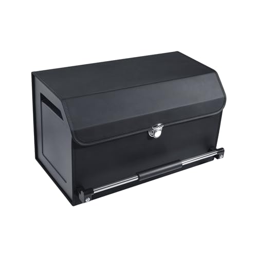 Car Trunk Organizer, Push-pull Handle, Leather Collapsible 2 Compartments Car Organizers with Lid, Car Trunk Storage Organizer, Suitable for All Kinds of Cars, SUV, Minivan (Large, Black) - color: Black, size: Large
