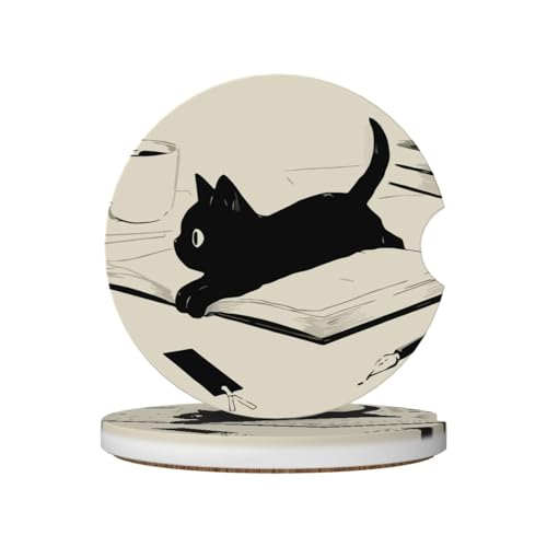 Kawaii Anime Black Cat Car Coasters for Cup Holders,2 Pack Car Cup Holder Coasters for Car,Ceramic Absorbent Car Coaster with A Finger Notch and Cork Base,Car Interior Accessories for Women Men - color: Kawaii Anime Black Cat