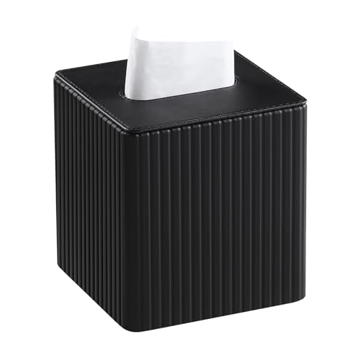 PU Leather Tissue Box Cover Square Tissue Box Holder with Magnetic Closure (Black Fluted) - color: Black Fluted