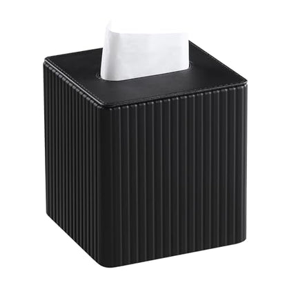 PU Leather Tissue Box Cover Square Tissue Box Holder with Magnetic Closure (Black Fluted) - color: Black Fluted