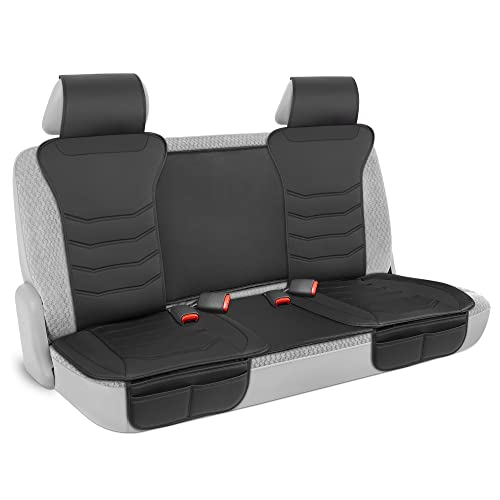 Motor Trend LuxeFit Black Faux Leather Rear Bench – Premium Automotive Back Seat Cover for Cars, Padded Cushion with Pockets, Adjustable Interior Car Seat Protector